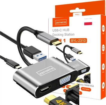 USB-хаб Zenwire Adapter 4in1 USB-C HDMI 4K VGA USB 3.0 Grey (BYL-2310)