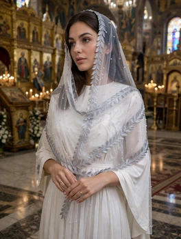 Жіночий шарф-палантин у храм Family Tradition сітка з намистинами та мереживом 180х50 см білий Світлий лик