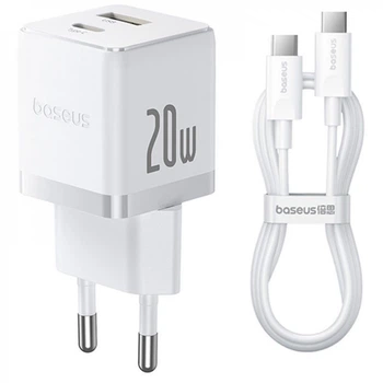 МЗП Baseus Palm Fast Charger Type-C+USB 20W (With Cable Type-C to Type-C 60W 1m) white