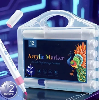 Набор акриловых маркеров Acrylic Marker MAP-01, 12 шт 12 цветов, художественные маркеры для рисования, скетчинга, декора и творчества