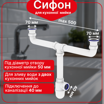 Кухонный сифон Kronoplast с двойным резьбовым подключением для мойки, 1 1/2"×40
