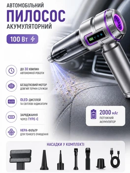 Автомобильный пылесос аккумуляторный 2000 мАч мини пылесос в машину 100 Вт автопылесос ручной с зарядкой USB в комплекте 8 насадок Серый