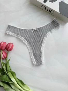 Бавовняні стрінги з мереживом і бантиком (арт. 0378) - XL - Сірий