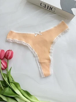 Бавовняні стрінги з мереживом і бантиком (арт. 0378) - XL - Охра