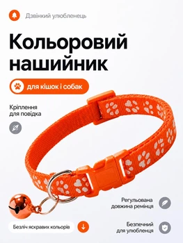 Ошейник для кошек и собак с колокольчиком, регулируемый 19–31 см, нейлоновый, для малых пород, с креплением для поводка (оранжевый)