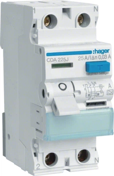 Диференційний вимикач Hager RCCB 1P+N 25A 30mA 6kA A CDA225J (3250611619451)