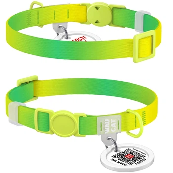 Нейлоновый ошейник для кошек WAUCAT Nylon Recycled с QR-паспортом, градиент, безопасная пряжка, салатовый, XS, 20-30 см, 10 мм (47055)