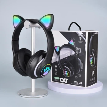 Бездротові навушники Cat STN-28 з котячими вушками, що світяться (Bluetooth, FM) чорні