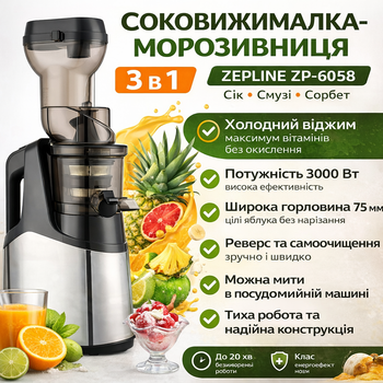 Соковижималка-морозивниця 3 в 1 для холодного вичавлювання, смузі, сорбет 3000 Вт Zep line ZP-6058