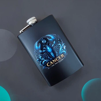Стильная фляга сувенирная из нержавеющей стали 270 мл - Chaban_Souvenir - Металлическая, черная, для напитков. С изображением Знака Зодиака Рак FLB016