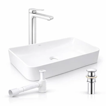 Комплект для ванной Qtap Tern 610x350 мм White с накладной раковиной, высоким смесителем Arvin Chrome, донным клапаном PU02 и сифоном (47304/48639)