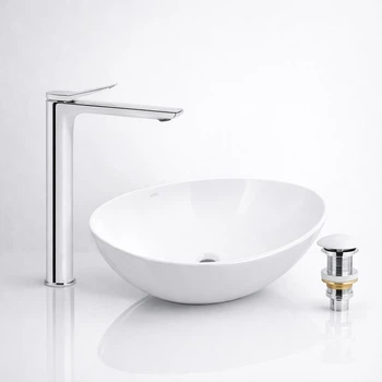 Комплект для ванной Qtap Dove 415x340 мм White с накладной раковиной, смесителем Presto Chrome и донным клапаном (46783/45572)