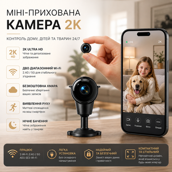 Мини-камера няня JOYTOUR 2K: Двухдиапазонный WiFi 2.4/5G, Бесплатное облако, Ночное видение, Датчик движения, Black