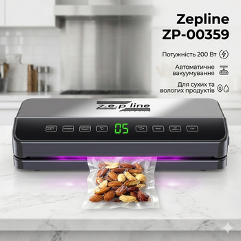 Вакуумный упаковщик для пищевых продуктов 200Вт Zepline ZP-00359 Бытовой автоматический вакууматор с LED дисплеем + 20 пакетов