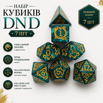 Набор кубиков 7 шт DND с драконом — тёмно-зелёные полиэдрические кости для настольных и ролевых игр D&D, TRPG