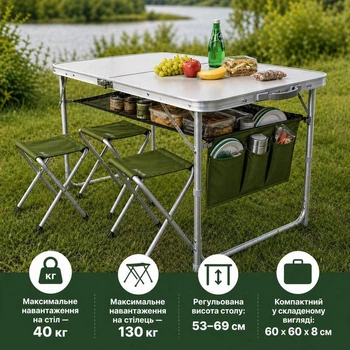 Стіл туристичний складаний Ranger Rtime 120х60х69 см +4 табурети — з полицею та кишенями, комплект для пікніка та кемпінгу RA1102
