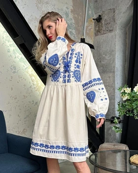 Жіноча етнічна сукня з машинною вишивкою гладдю S бежева (5528)
