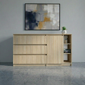 Комод на 3 ящика с боковыми полками, Дуб сонома светлый, 140,2х40х77,4см