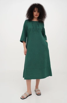 Лляна міді сукня для великих фігур зі складками однотонна Індіра (Plus size). Зелений, р.46, код 0456/46/534