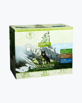 Набор влажного корма для собак Isegrim Roots Multipack Duo-протеиновый (лосось и форель / утка и сердца / оленина и дичь) 6×410 г.