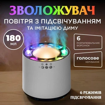 Зволожувач повітря на 800 мл ультразвуковий, з функцією аромадифузору, RGB-підсвічуванням і синхронізацією з музикою Білий