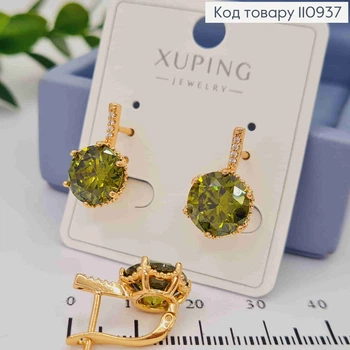 Серьги с изысканным оливковым камнем, длина 1,8см, английская застежка, Xuping 18K.