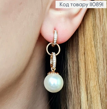 Серьги кольца со съемной подвеской с жемчужиной и камешками, диаметр 1+3см, Xuping 18К