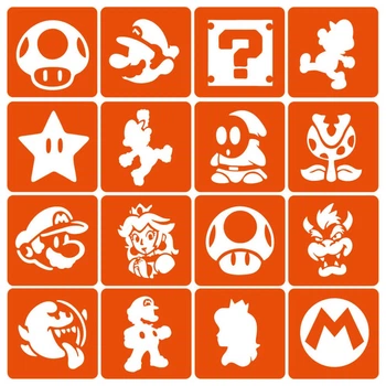 Набор трафаретов для био-тату "Super Mario" (super-mario-simple-16) 16 шт, 6х6 см