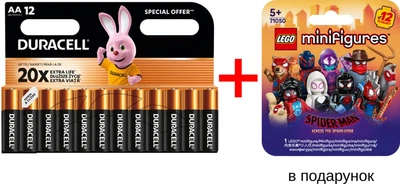 Набор Батарейки алкалиновые Duracell Basic AA 1.5V LR6 12 шт + LEGO Minifigures Минифигурки Человек-паук: Сквозь Вселенную (9780266788805)
