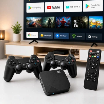 Приставка смарт M8 Mini Android 9.0+ Game с 2 джойстиками, TV Box WiFi медиаплеер для телевизора с поддержкой Google Play, игровая консоль с беспроводными геймпадами и картой памяти 64ГБ Черная, 400-M8