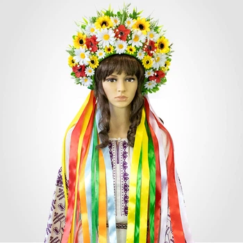 Украинский венок высокий с лентами на голову Зореслава 13696