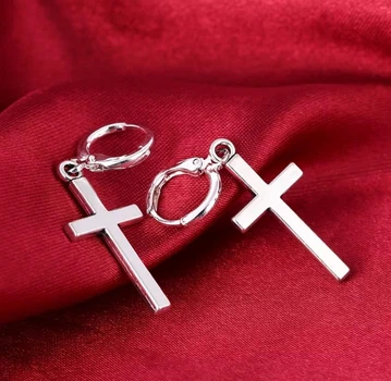 Сережки з хрестиком унісекс колір білий сталевий
