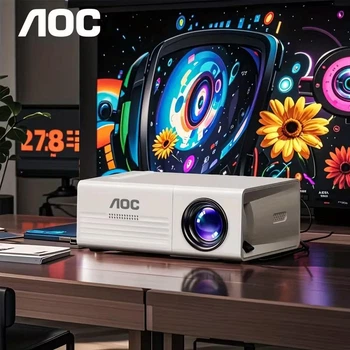 Портативний міні-проєктор AOC для домашнього кінотеатру та подорожей з підтримкою 1080P, USB, SD, HDMI, AV, пультом дистанційного керування, білий