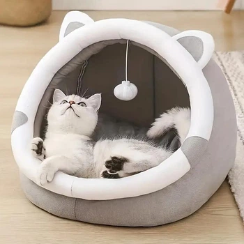 Лежанка будиночок для котів і маленьких собак до 10кг 42 x 42 x 35 см L з подушкою Сірий з вушками