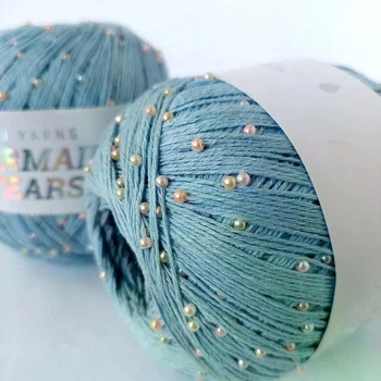Пряжа бавовна з намистинками Pru Yarns Mermaid Tears. Блакитний