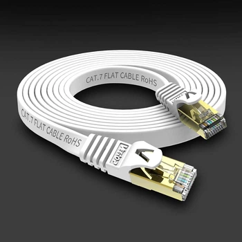 Интернет кабель Ethernet Cat7 Veetop 5 м (RJ45, 10 Гбит/с), плоский LAN кабель STP экранированный, белый