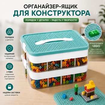 Органайзер-ящик для LEGO с игровой крышкой, 2 уровня и 2 отсека, контейнер для хранения игрушек, конструктора, мелких деталей (DE87K)