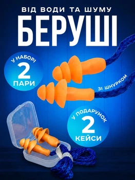 Многоразовые беруши силиконовые от шума для сна бассейна плавание работы SNR 30 дБ, противошумные вкладыши для ушей со шнурком, 2 пары в кейсе