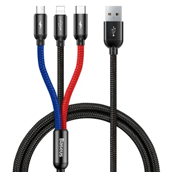 Кабель Baseus 3 в 1 Three Primary Colors USB to Lightning / Micro-USB / Type-C, 3.5A, 0.3м, быстрая зарядка, черный
