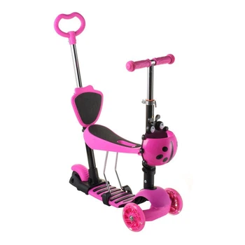 Дитячий самокат Scooter 5в1 триколісний з сидінням батьківською ручкою та кошиком трансформер 1-8 років T-подібне кермо міцний метал + пластик регульований руль і сидіння рожевий