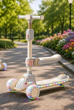 Детский трехколесный самокат с сидением (музыка, подсветка колес и деки, Bluetooth, складной) для мальчика и девочки белый (018)