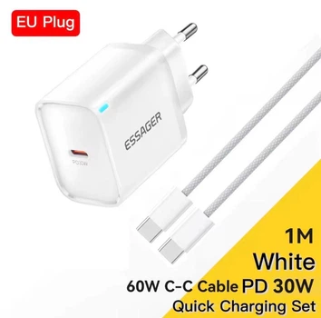 Комплект для швидкого заряджання: Зарядка 30W Essager GaN Mini Type-C швидка зарядка PD3.0+QC3.0 + Кабель Type-C-Type-C 60W 1м ES-CD52 White