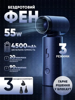 Бездротовий фен Smart для укладки і сушки волосся з насадками дифузором концентратором на акумуляторі 4500 mAh 55 W з зарядкою від USB power bank 3 режими дорожній компактний портативний легкий для подорожей фіолетовий