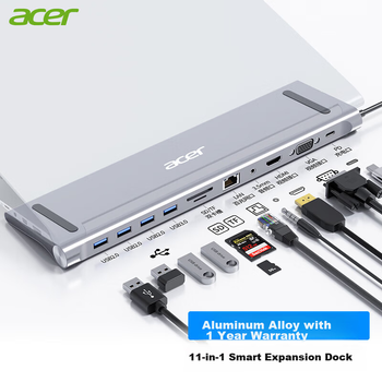 Док-станция Acer Type-C Expansion Dock 11-In для подключения HDMI/VGA/USB, зарядного устройства PD, кардридера, 3,5-мм аудиоразъема и Ethernet-адаптера.