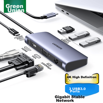 Док-станция расширения UGREEN Type-C, преобразователь USB-C в HDMI/VGA, быстрая зарядка PD, сетевой кабельный адаптер, концентратор 3.0, совместима с Apple MacBook 16/17, ноутбуками Huawei и iPad.