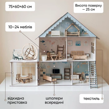 Кукольный дом Sea Villa 75х60х60 см большой с мебелью Детский домик для кукол барби девочек деревянный lol ПРЕМІУМ