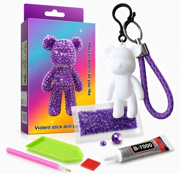 Алмазна мозаїка ColorArt брелок ведмедик фіолетовий 5D