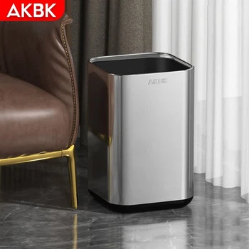 Сміттєвий бак з нержавіючої сталі AKBK, великий квадратний, 15 л, сріблястий, для вітальні, кухні, ванної кімнати, готелю класу люкс, офісу