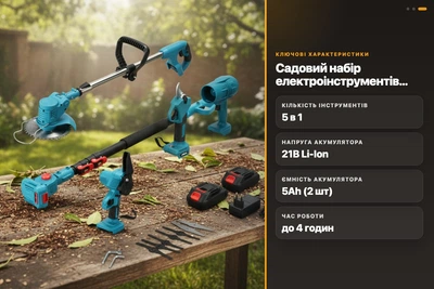 Набор садовых инструментов MLD AT-CS2105 5в1 аккумуляторный 21В 5Ah триммер секатор пила дуйка
