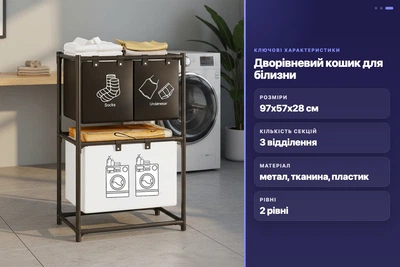 Кошик для білизни SKLM-24 дворівневий 3 секції 97х57х28 см метал пластик ткань організатор білизни